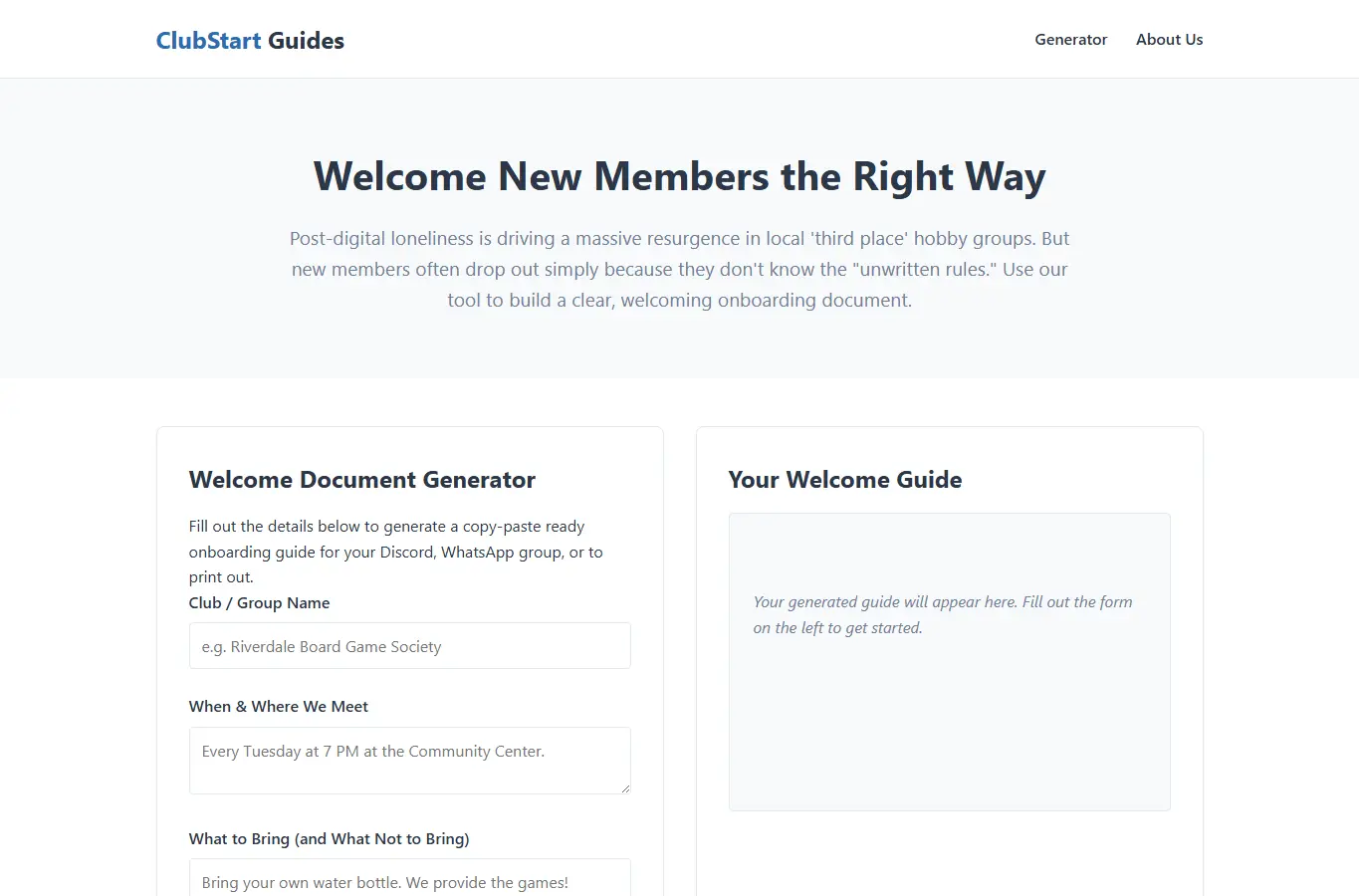 Screenshot of ClubStart: Community Group Guide Generator interface showing the project page in use